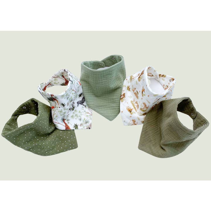 Waterproof bandana bibs - olive green animals for wholesale by Natural Cuddles