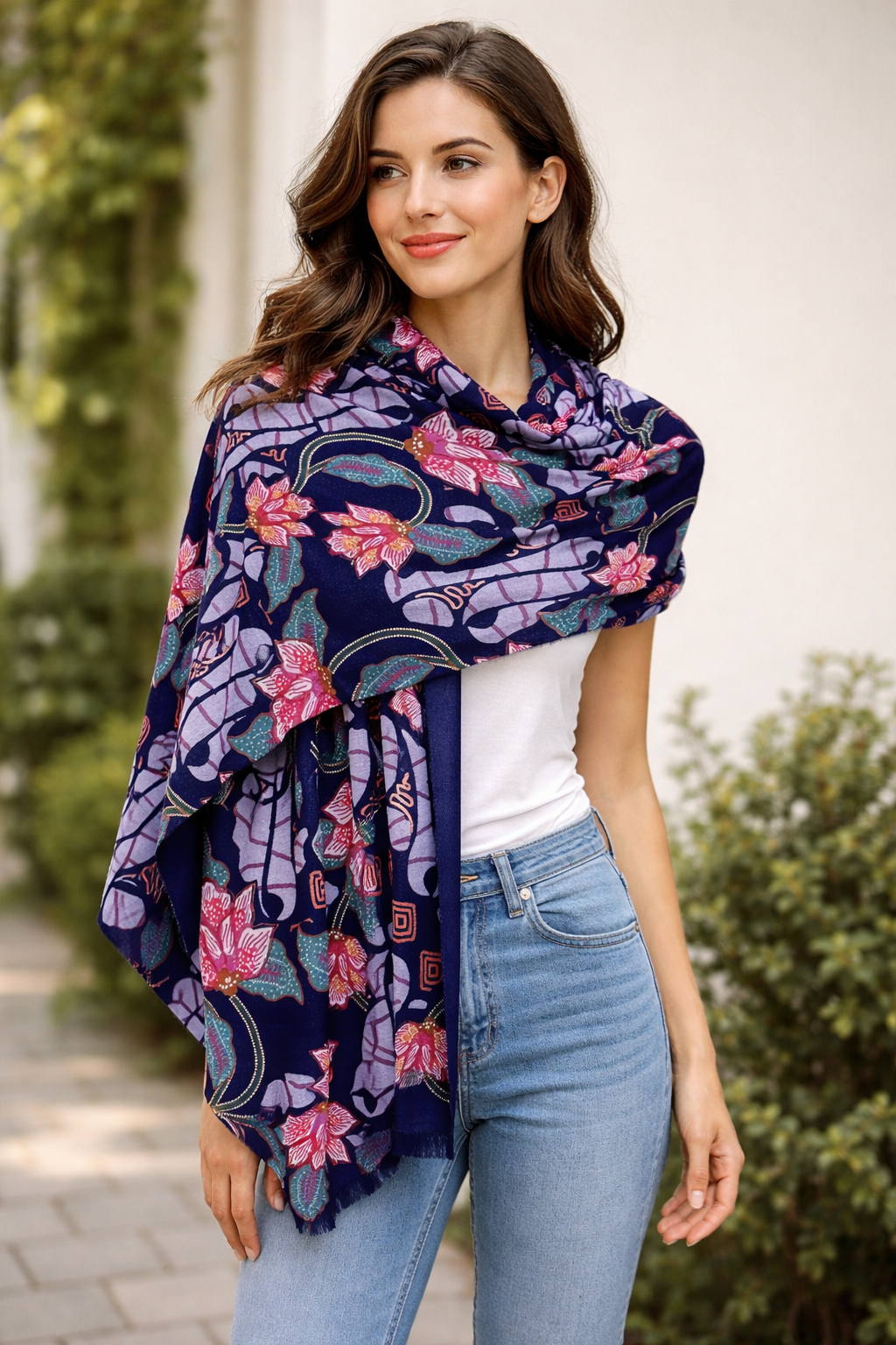 Navy Blue Ethnic Floral Print Wool Frayed Scarf for wholesale on Faire1