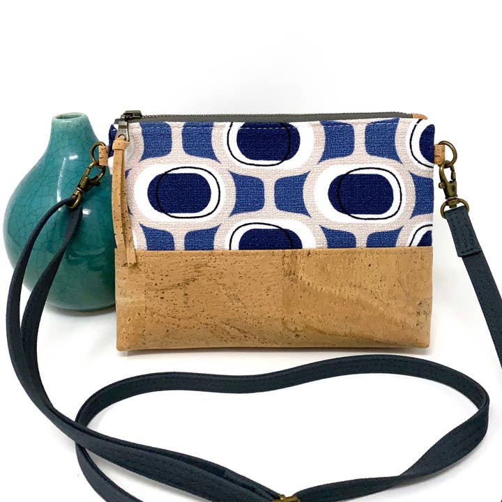 Organic and Cork Mini Crossbody Mid Mod Blue Orbs for wholesale by mmb by hand
