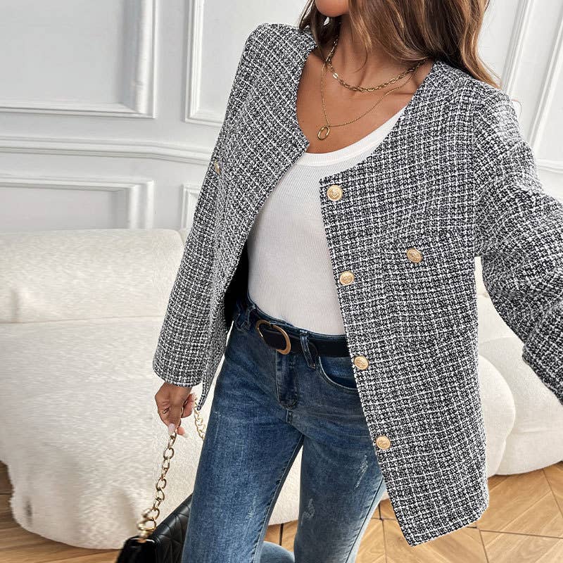 Black Tweed Button Front Blazer Jacket with Round Neckline for wholesale on Faire2