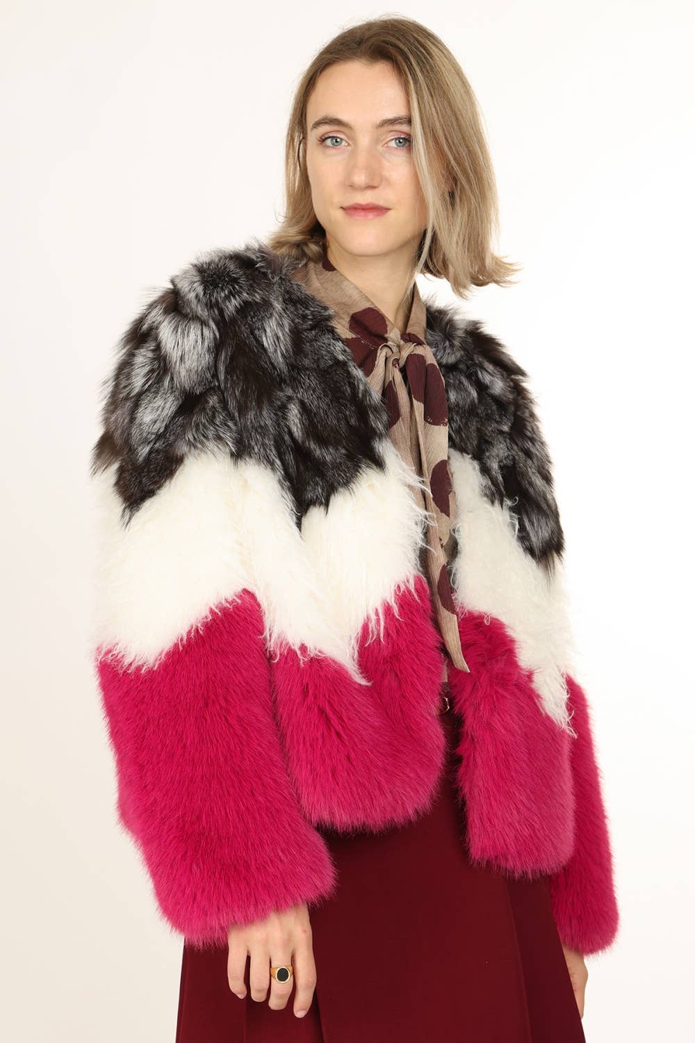 PURPLE Tricolor Chevron Striped Faux Fur Coat QM4148 for wholesale on Faire