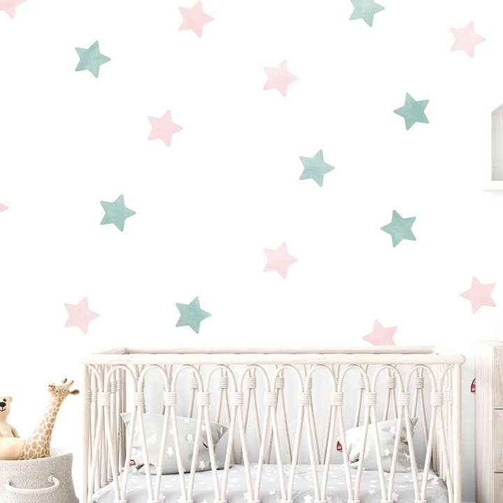 Autocollants muraux étoiles aquarelle rose et menthe, décalcomanies murales étoiles aquarelle verte, autocollants muraux étoiles rose pour chambre de bébé, décoration de salle de jeux pour la vente par Decals Online