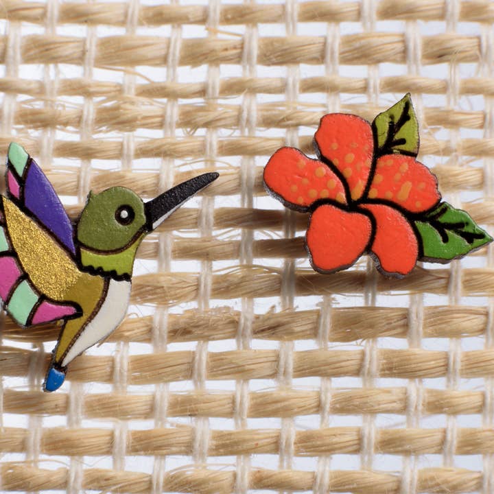 HUAIRURO - Wholesale Stud/Post Earrings - Hummingbird and hibiscus earrings2