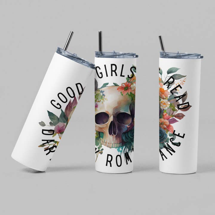 Good Girls Read Dark Romance Skull & Flowers Bookish Tumbler for wholesale by The Geek Boutique