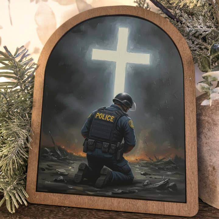 Police Kneeling Before Cross Arch Framed Art Christian for wholesale by BD Lasers INC.
