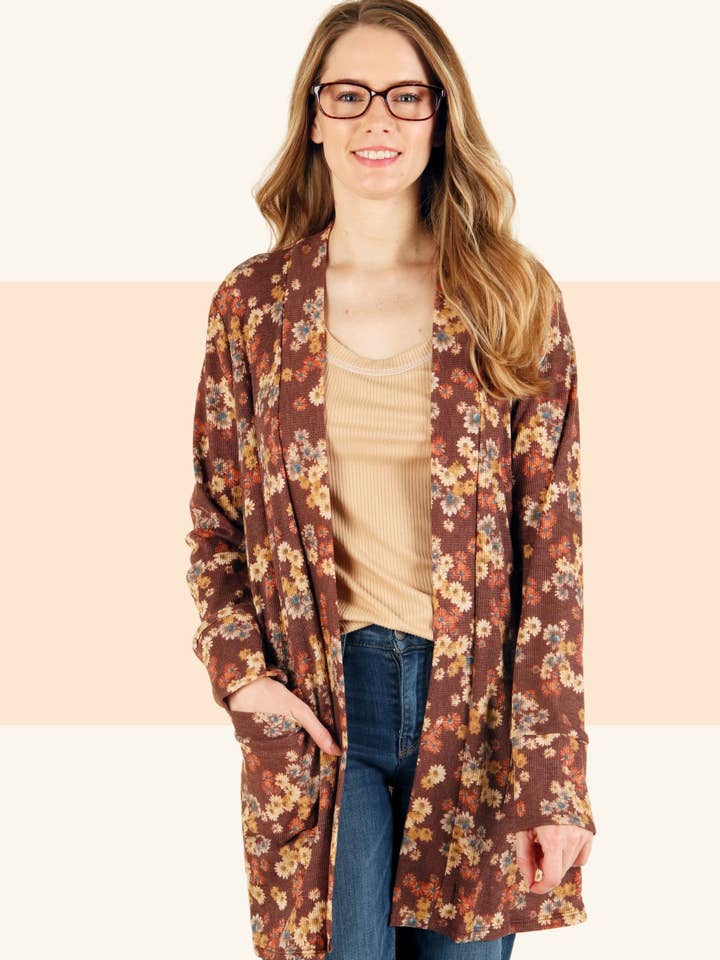 Cárdigan térmico con estampado floral y bolsillos - 6412 para venta al por mayor de P.S Kate