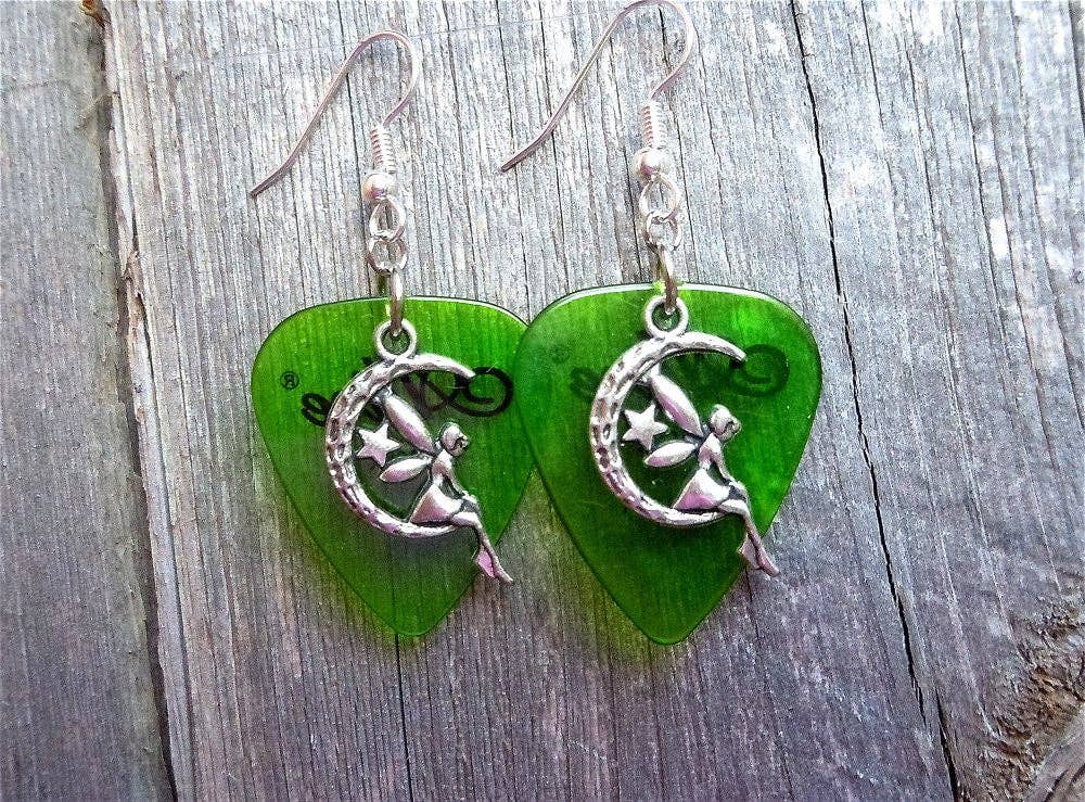 Simply Raevyn - Wholesale Dangle Earrings - Fairy on the Half Moon Charm Guitar Pick Earrings3