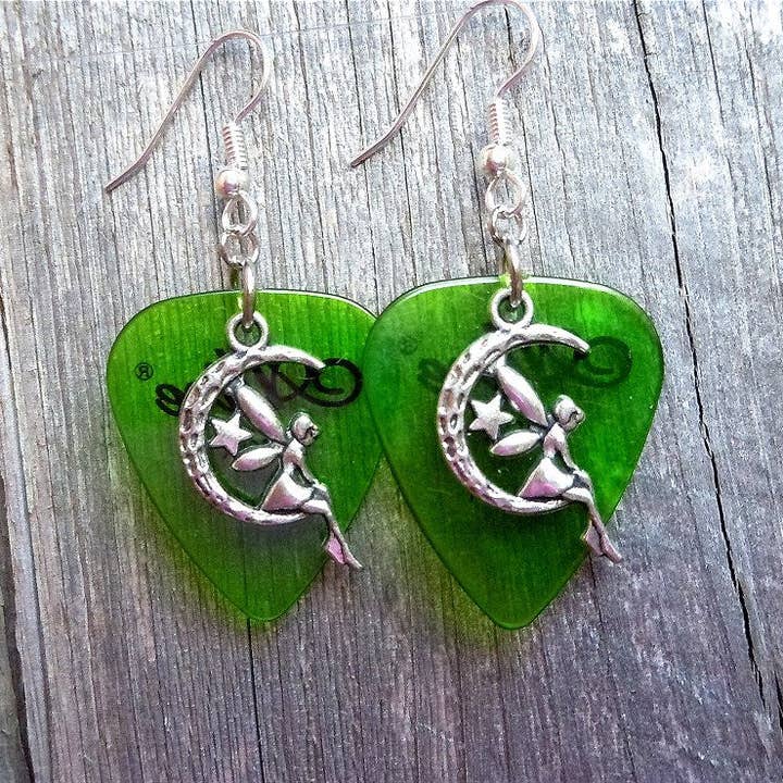 Simply Raevyn - Wholesale Dangle Earrings - Fairy on the Half Moon Charm Guitar Pick Earrings3