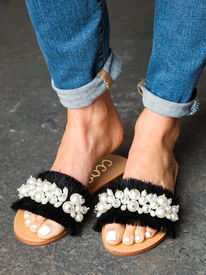 Black Linen Fray Beaded Faux Pearl Slide Sandal for wholesale by Promenade