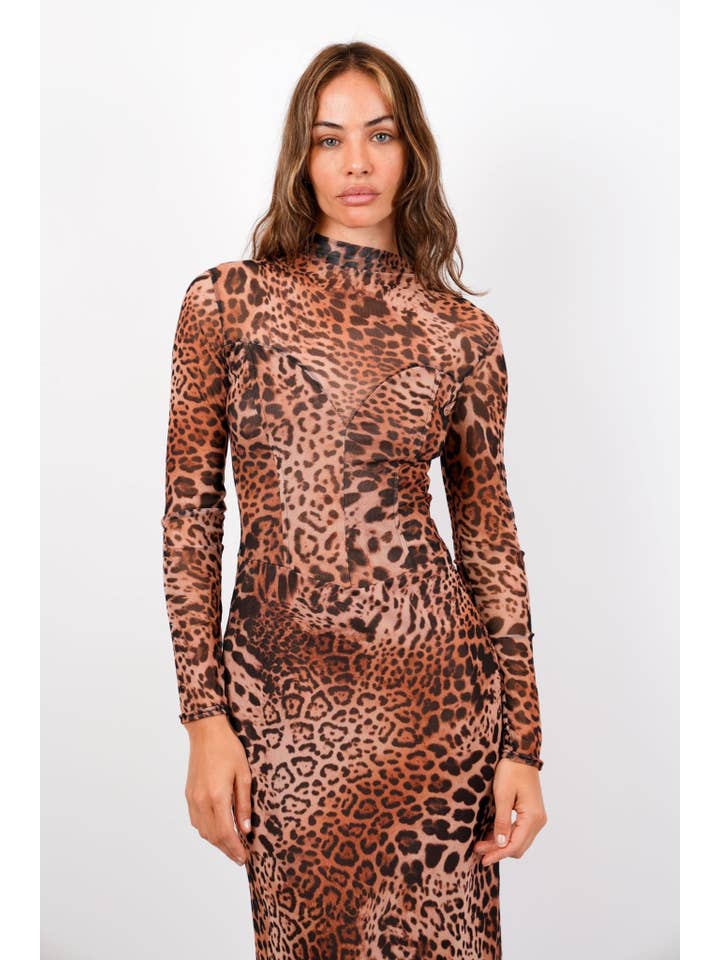 Jaded Rose – wholesale Klänning - Dam – Mia Leopard Mesh Maxiklänning - Hög hals Långärmad