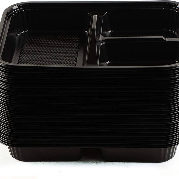 EcoQuality - Wholesale Food Storage Container - 3 Compartment Black Disposable Container with Lids