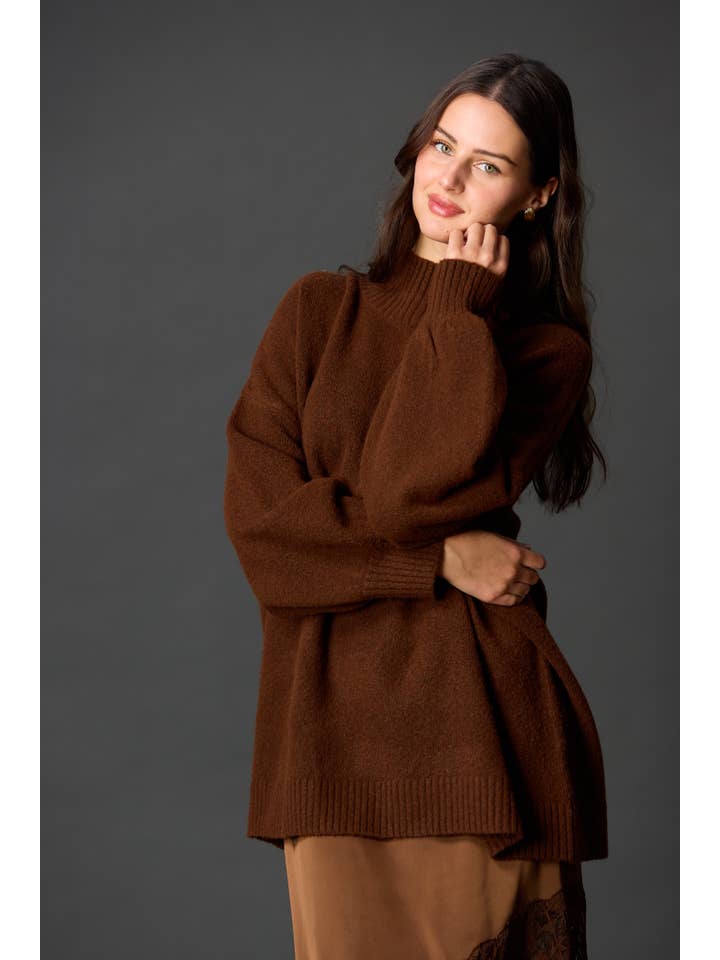 Maroon Knit Ribbed Funnel Neck Oversized Pullover for wholesale on Faire1