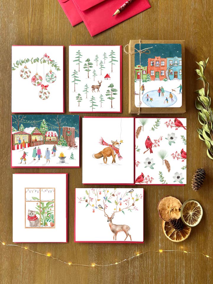 Æske med 8 julekort for engroshandel hos Hobeika Art