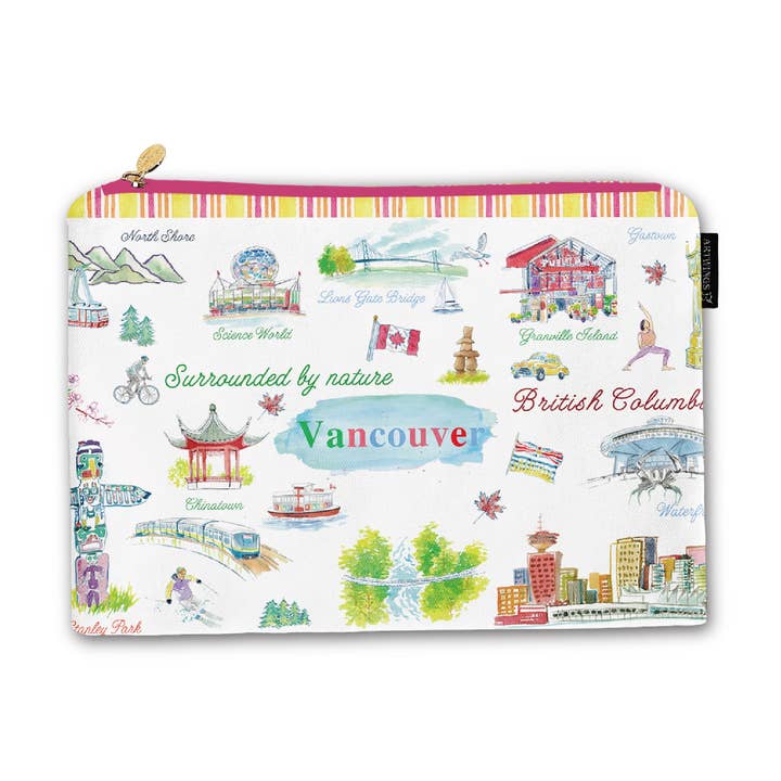 Vancouver Medium Pouch Bag – Illustrated City Landmarks Travel Organizer for wholesale by Northern Icons Canada