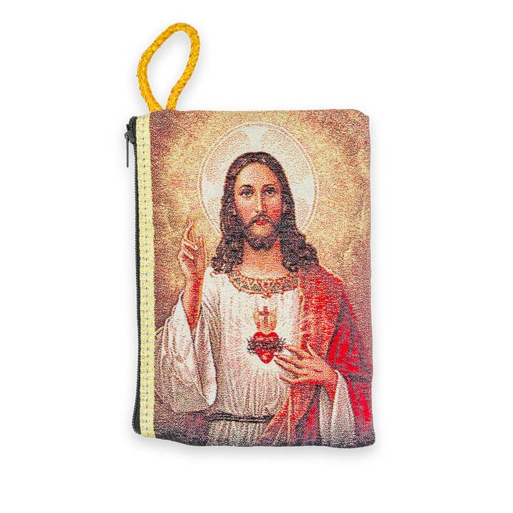 Village Gift Importers - Wholesale Pouch - Women's - Large Tapestry Rosary Pouch with Sacred Heart of Jesus