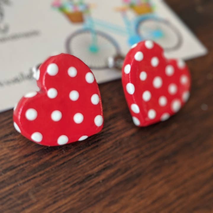 With Clay & Paint – wholesale Stud/post earrings – Red polka dot heart studs