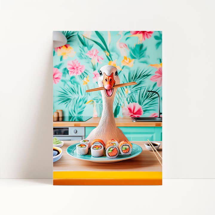 Silly Goose Eating Sushi Kitchen Print for wholesale by Enchanted Eden Prints