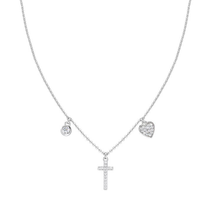 Cross And Heart Charm Necklace In Sterling Silver for wholesale by Amen Gioielli