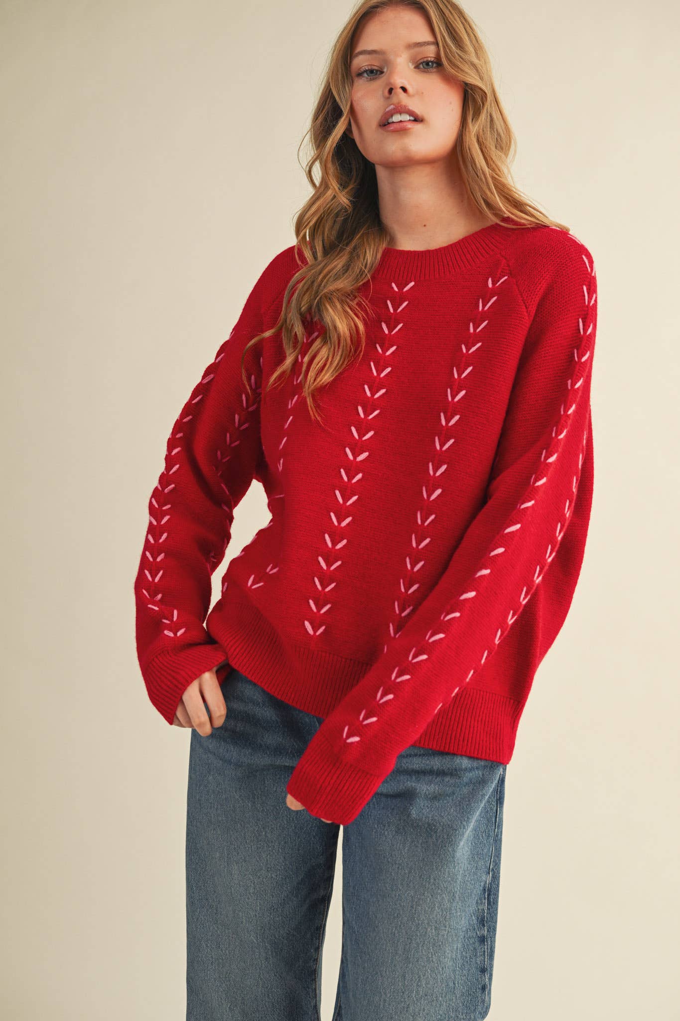 &MERCI - Wholesale Knit Sweater - Women's - EMBROIDERED LONG SLEEVE PULLOVER SWEATER MSW111798