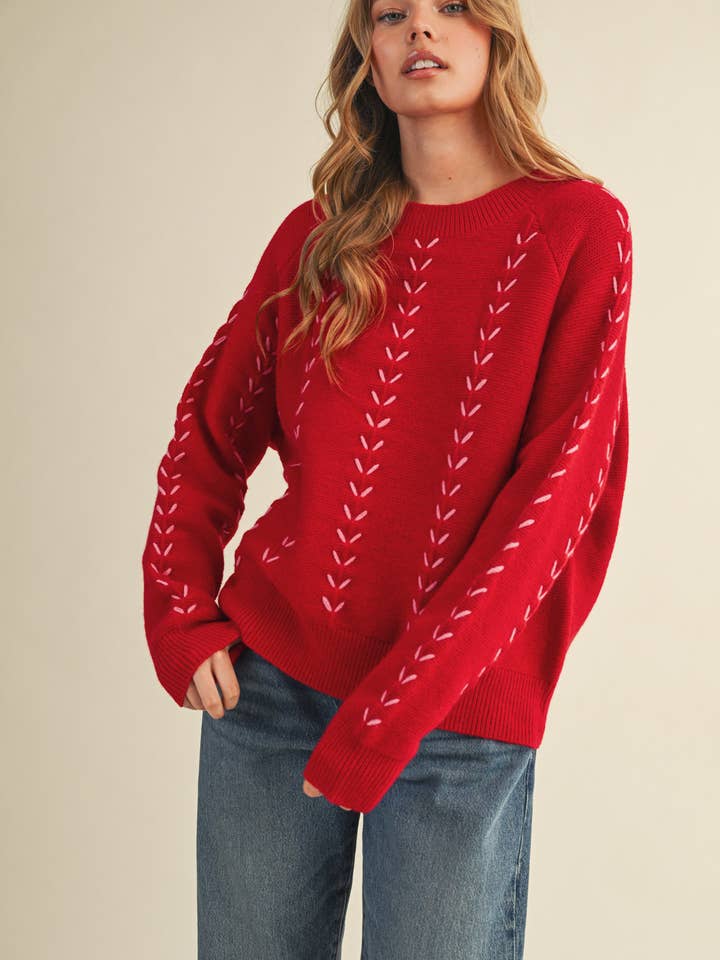 &MERCI - Wholesale Knit Sweater - Women's - EMBROIDERED LONG SLEEVE PULLOVER SWEATER MSW111798