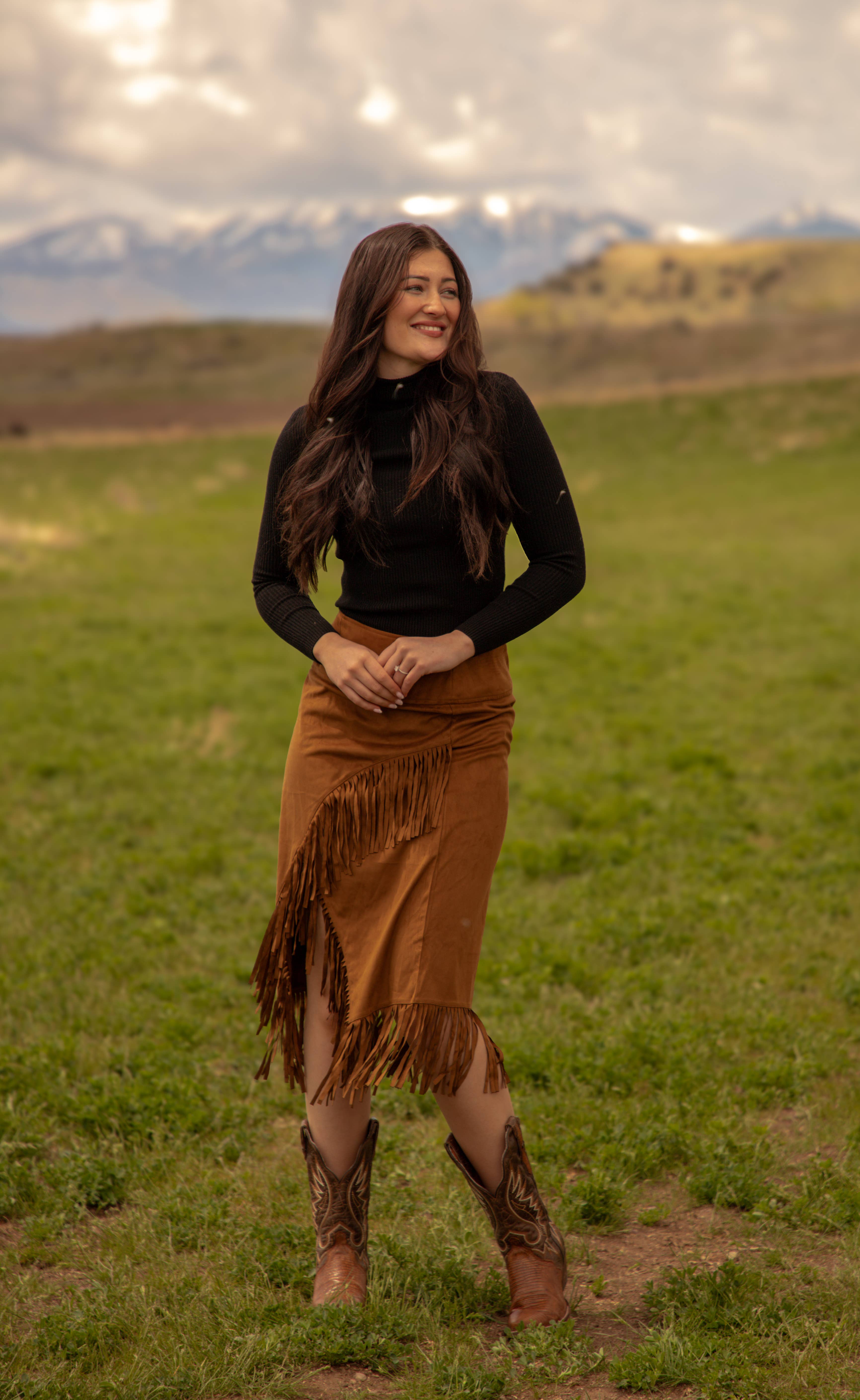 Brown Poly Faux Suede Skirts with Frings-D201 for wholesale on Faire2