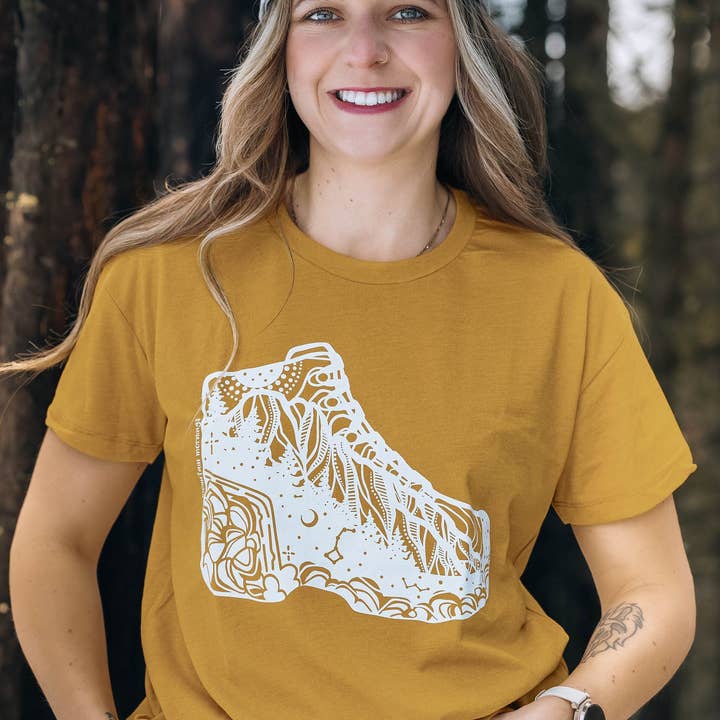 Hiking Boot, Unisex T-shirt, Responsibly Made for wholesale by Mountain Mornings
