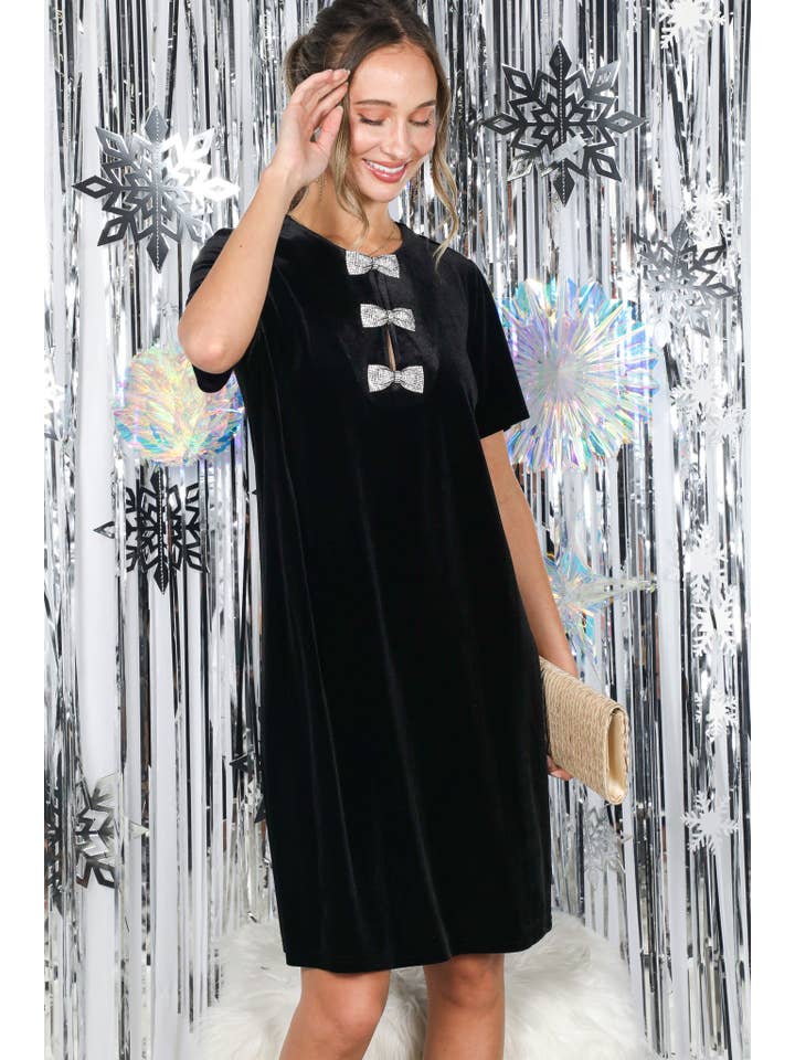 Vine & Love - Wholesale Dress - Women's - Sparkling Sequin Bow Embellished Velvet Dress VD8273729