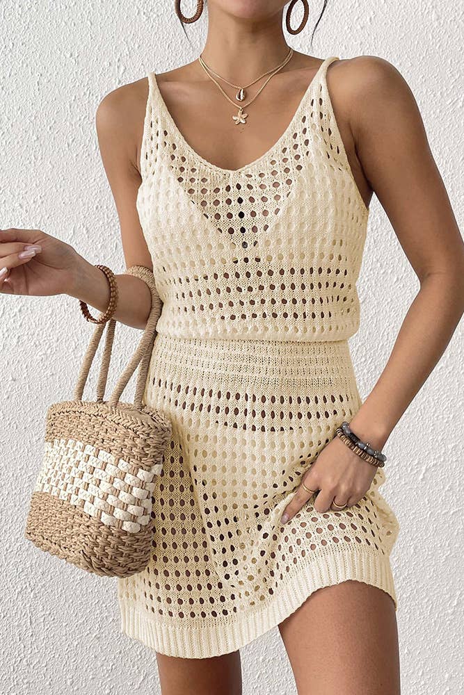 UNISHE - Wholesale Dress - Women's - Knit Waist-Tie Sleeveless Sexy Hollow-Out Beach Dress OYM1566