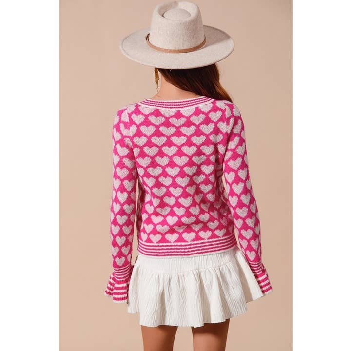 IVE - Wholesale Knit Sweater - Women's - ALL OVER HEART BUTTON UP SWEATER CARDIGAN