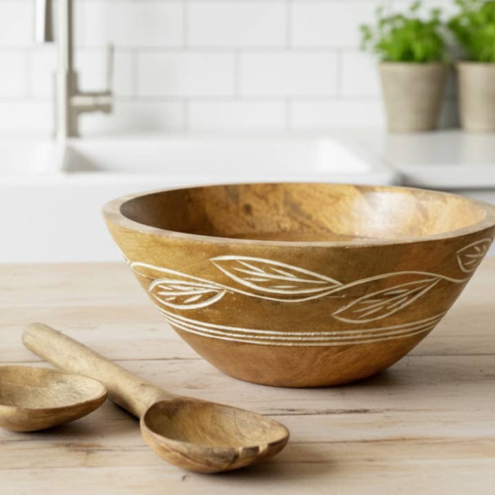 Ciotola in legno di mango con motivo intagliato - Beige 1 per la vendita all'ingrosso da parte di Bohozena