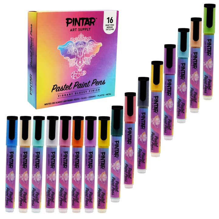 Pintar Art Supply - Wholesale Marker - PINTAR Art Supply 16 Pack Acrylic Premium Vibrant Pastel Paint Pens Medium Tip 5.0mm Tips, Glossy, Japanese Ink Use On Rocks, Glass, Ceramic, Plastic