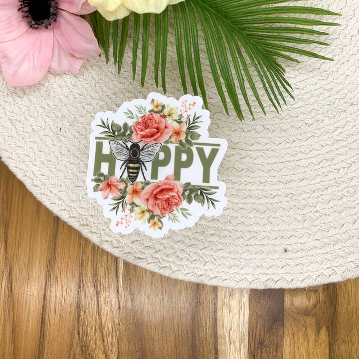 Savannah and James Co - Wholesale Sticker - Bee Happy, Floral, Clear Vinyl Sticker, 3x3 inch1