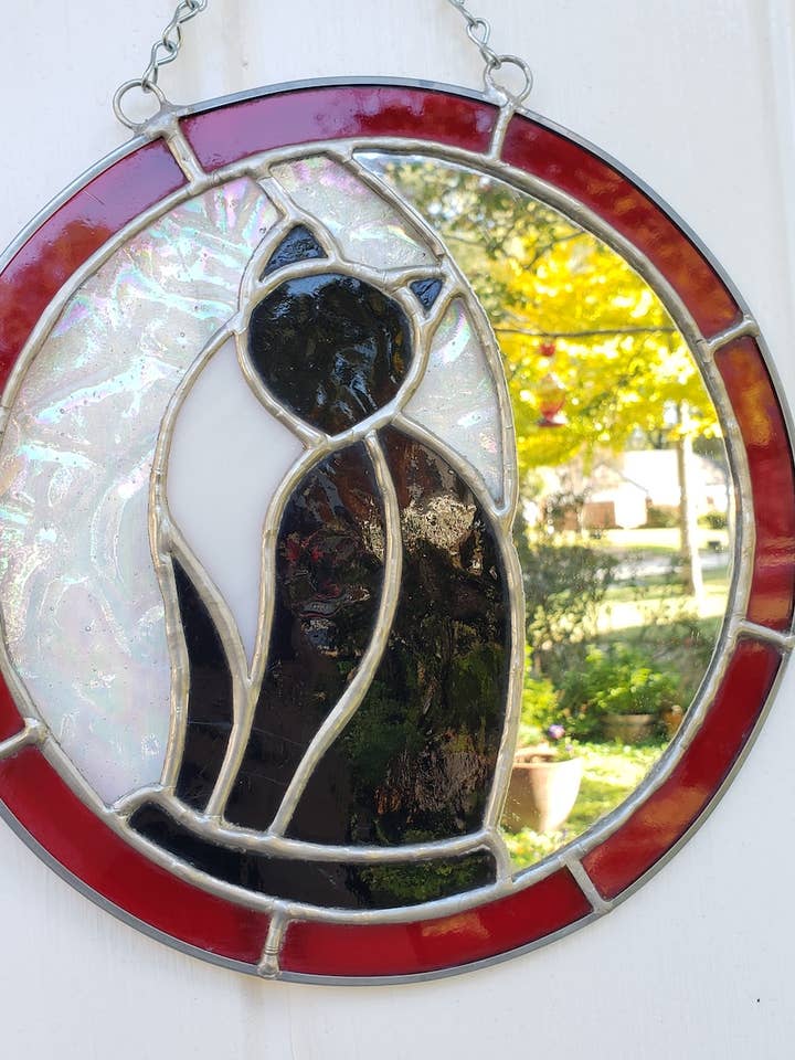 Mirror Moon Cat | Lead-Free Stained Glass Art Panel for wholesale by PepTalk Productions, LLC