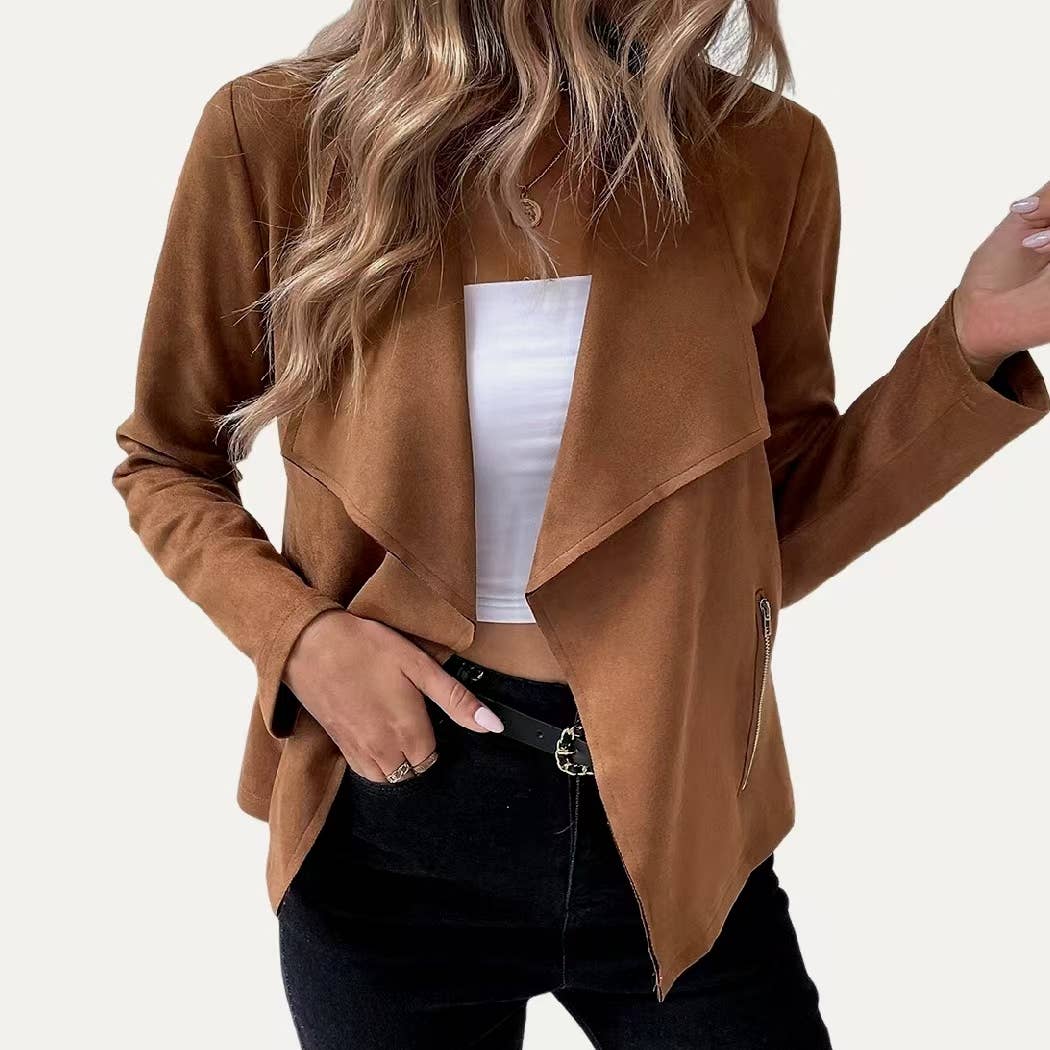 The Moment Collection - Wholesale Jacket - Women's - Stylish Collared Vegan Suede Long Sleeve Jacket1