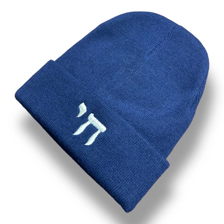 Chai embroidered navy blue winter beanie for wholesale by Mensch Kippah