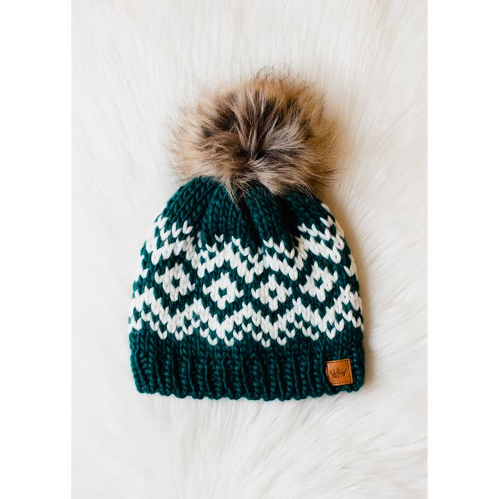 Panache Apparel Co. - Wholesale Beanie - Women's - Dark Teal & White Patterned Pom Hat