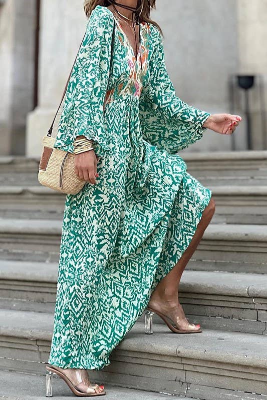 green loose long sleeve bohemia floral maxi dress for wholesale on Faire0