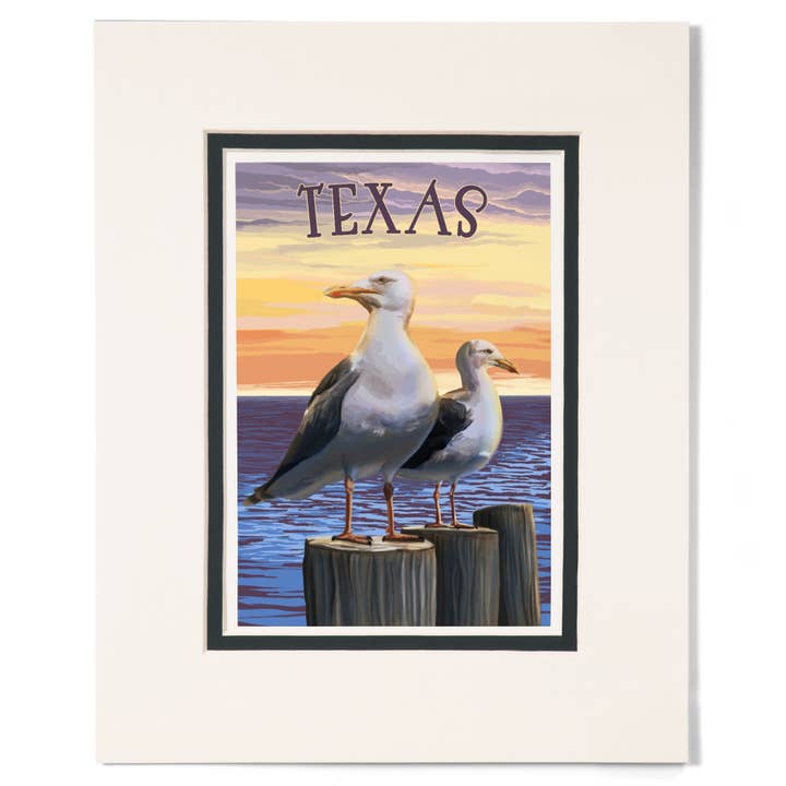MATTED PRINTS Texas, Seagulls on Piers for wholesale by Lantern Press