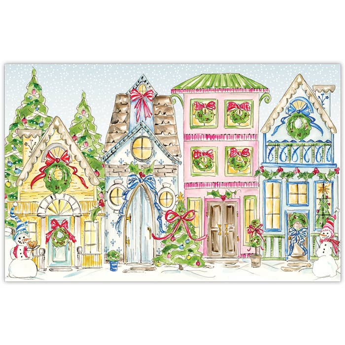 Handgeschilderde Blue Snow Village placemat voor wholesale door RosanneBeck Collections