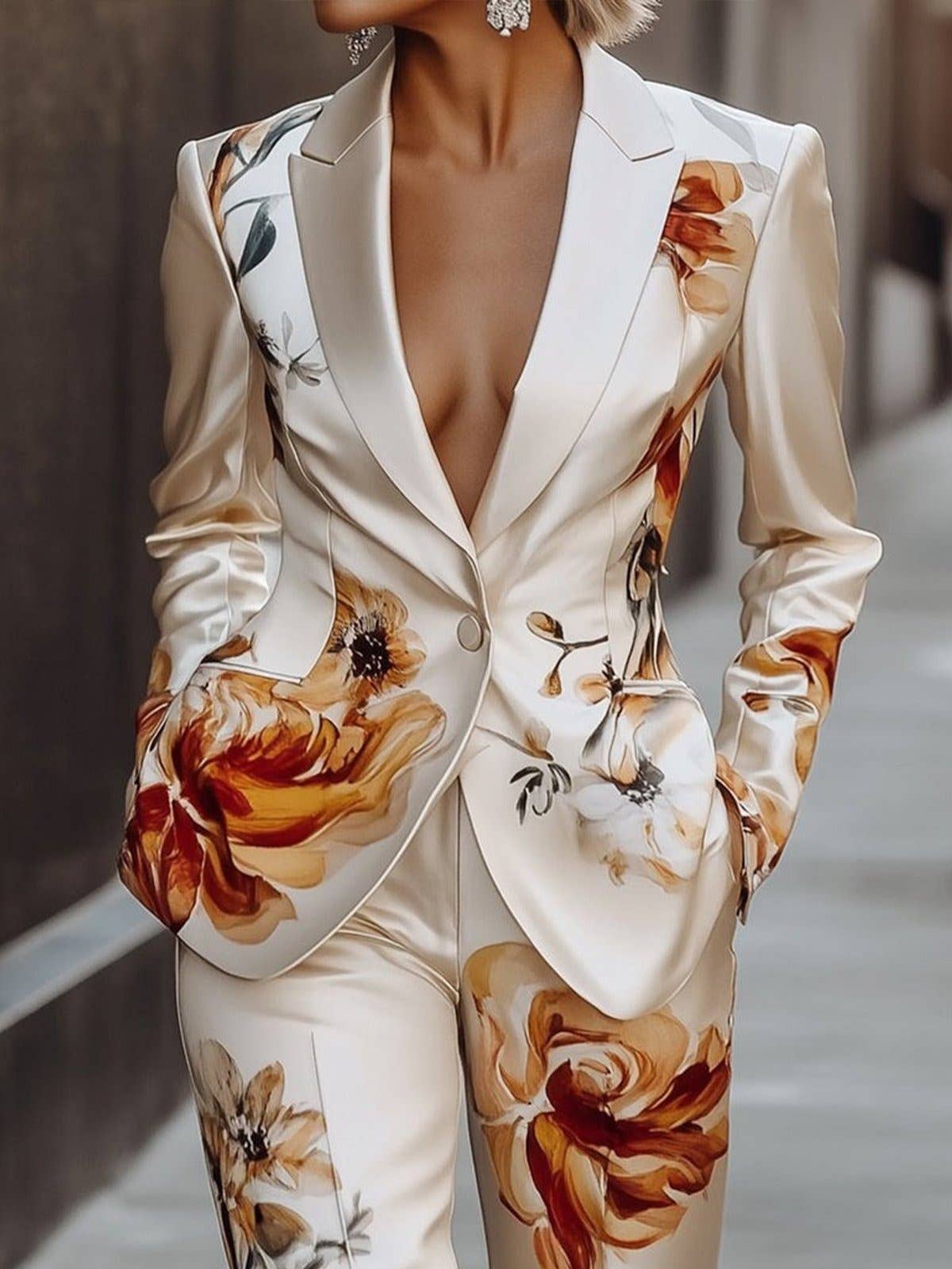 APRICOT Women'S Floral Print Satin Blazer & Pants 2 Piece Suit Set for wholesale on Faire1