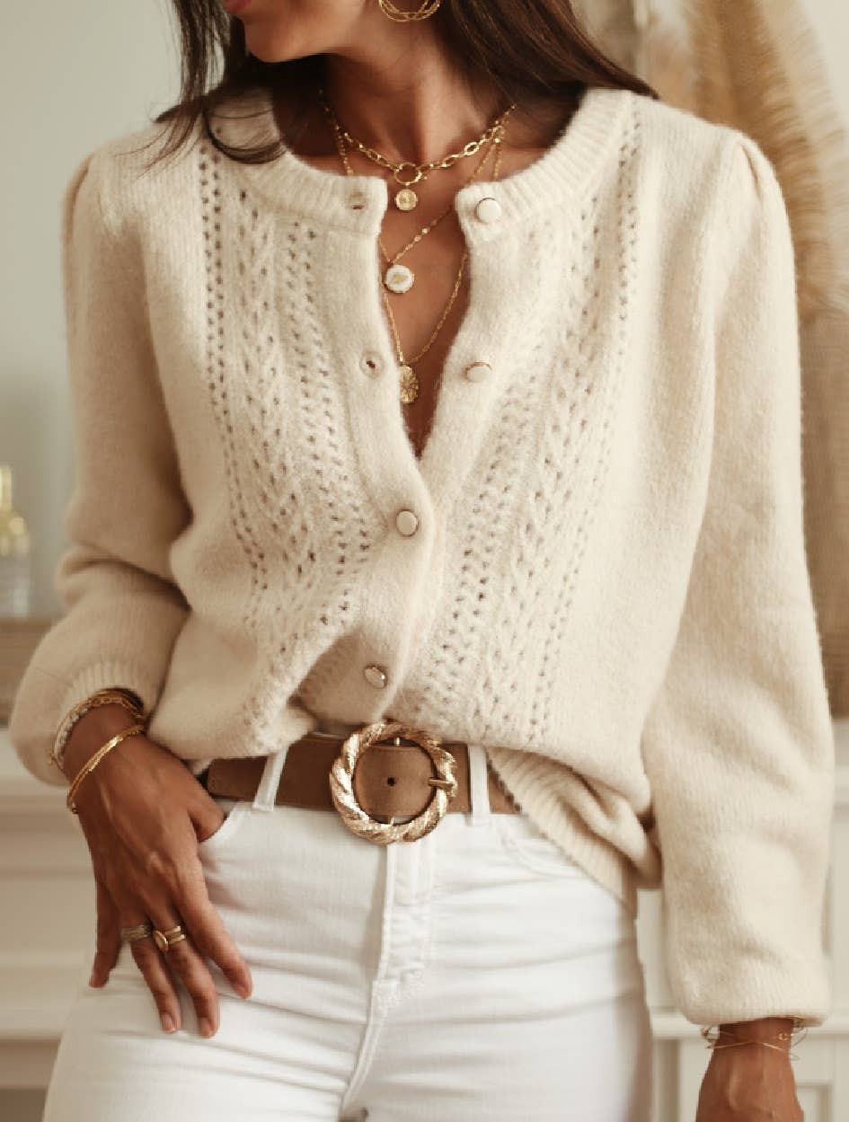 Beige Elegant Button Detail Crochet Hollow Cardigan for wholesale on Faire2