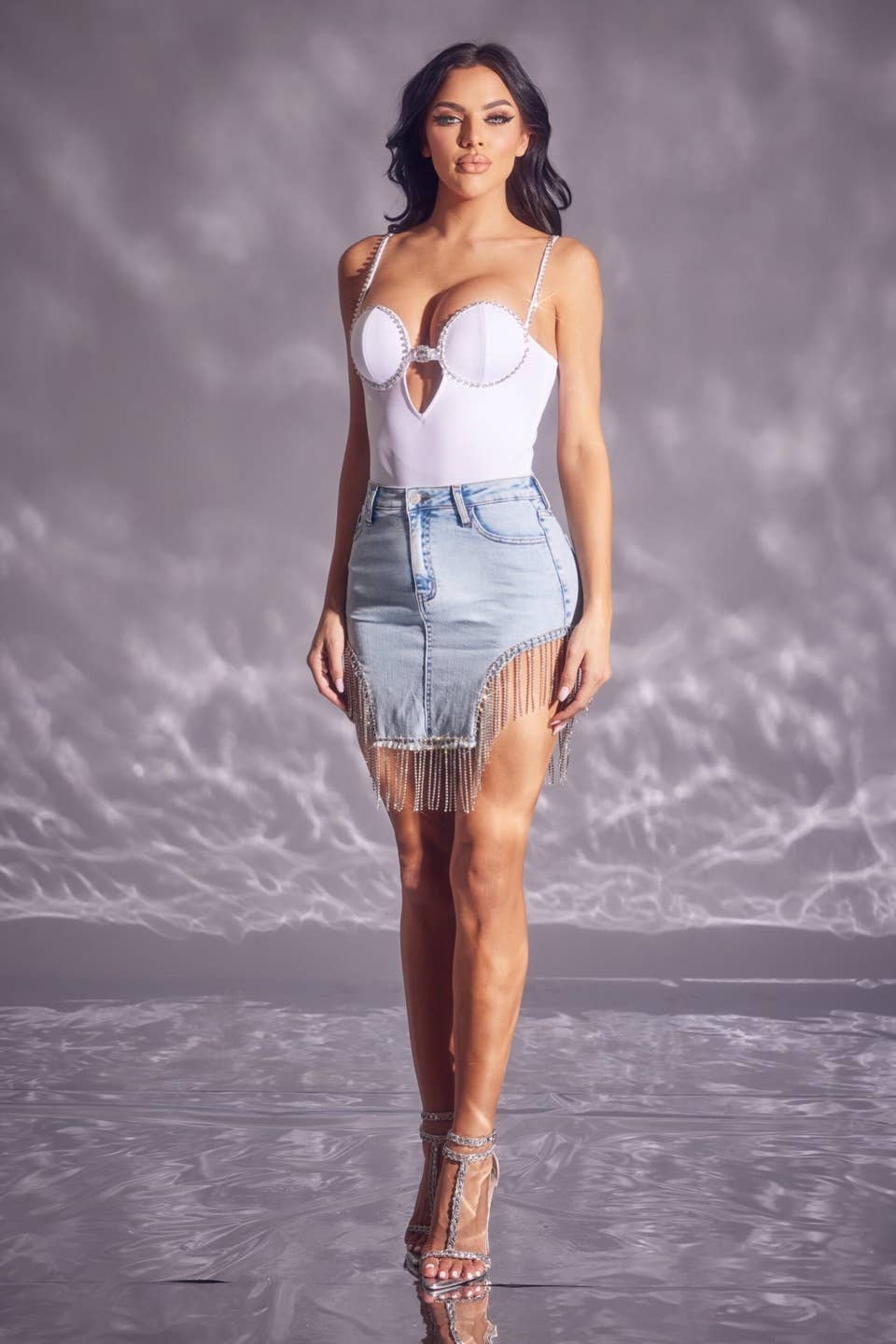 LIGTH WASH Rhinestone Mini Skirt for wholesale on Faire3