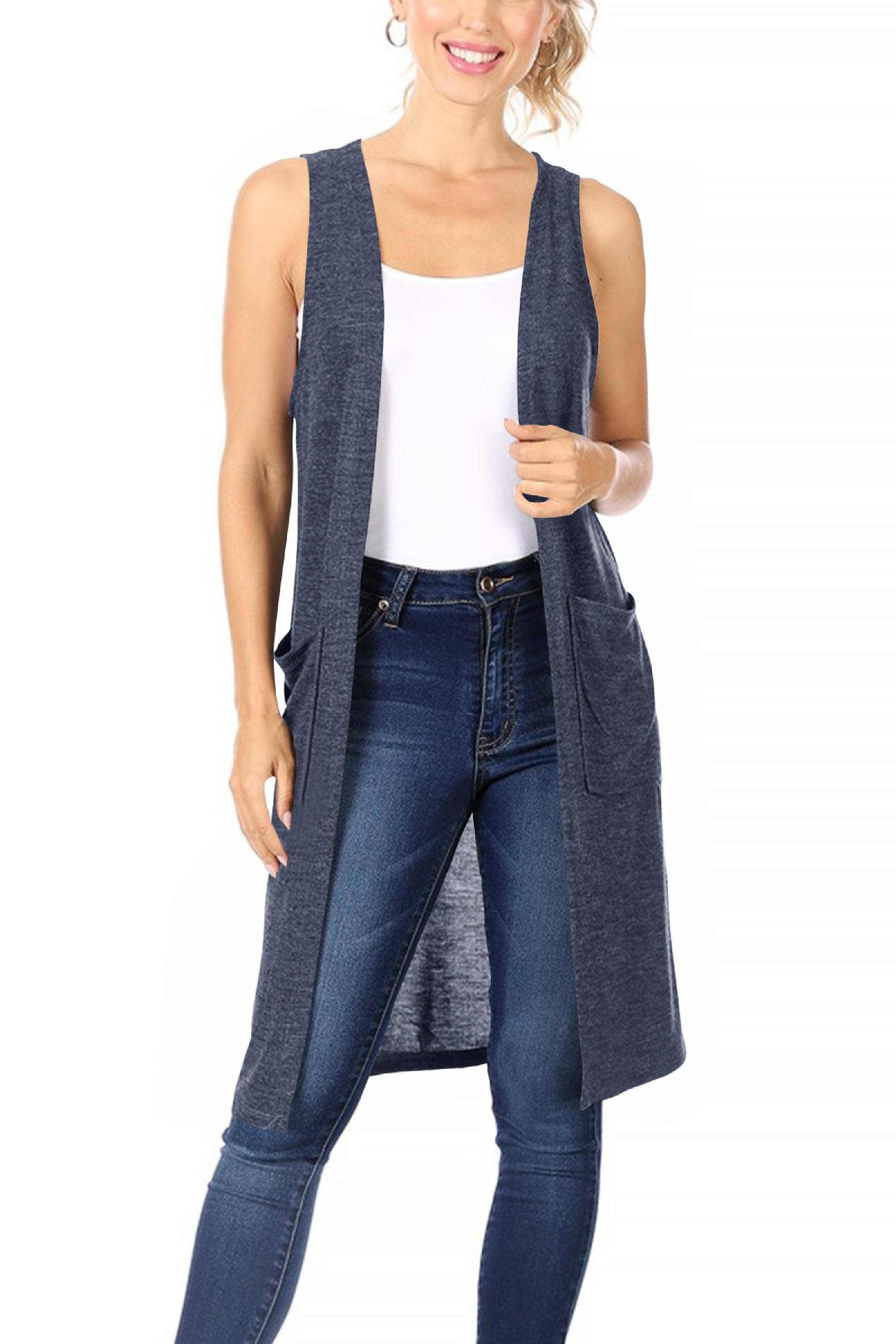 MOA COLLECTION - Wholesale Outerwear Vest - Women's - Women's Casual Solid Knit Long Vest with Pockets4