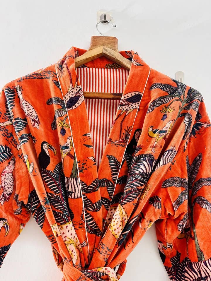 GYPSY STUDIO - Wholesale Robe - Women's - velvet jungle print kimono robe| Handmade stitched robe |