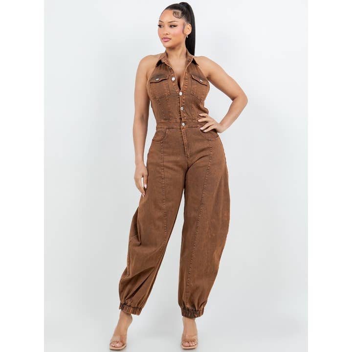 WASHED DENIM HALTER NECK BAGGY JUMPSUIT for wholesale by omgstyles