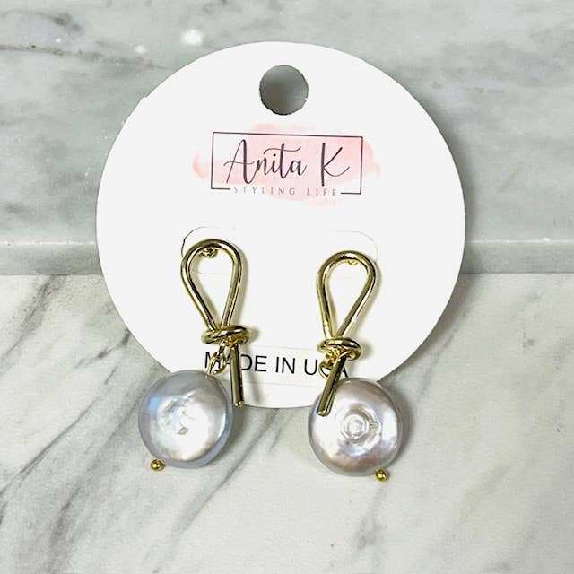 Anita K By Blushing Pink - Wholesale Dangle Earrings - Gold Knot with a 15mm Coin Pearl Drop2