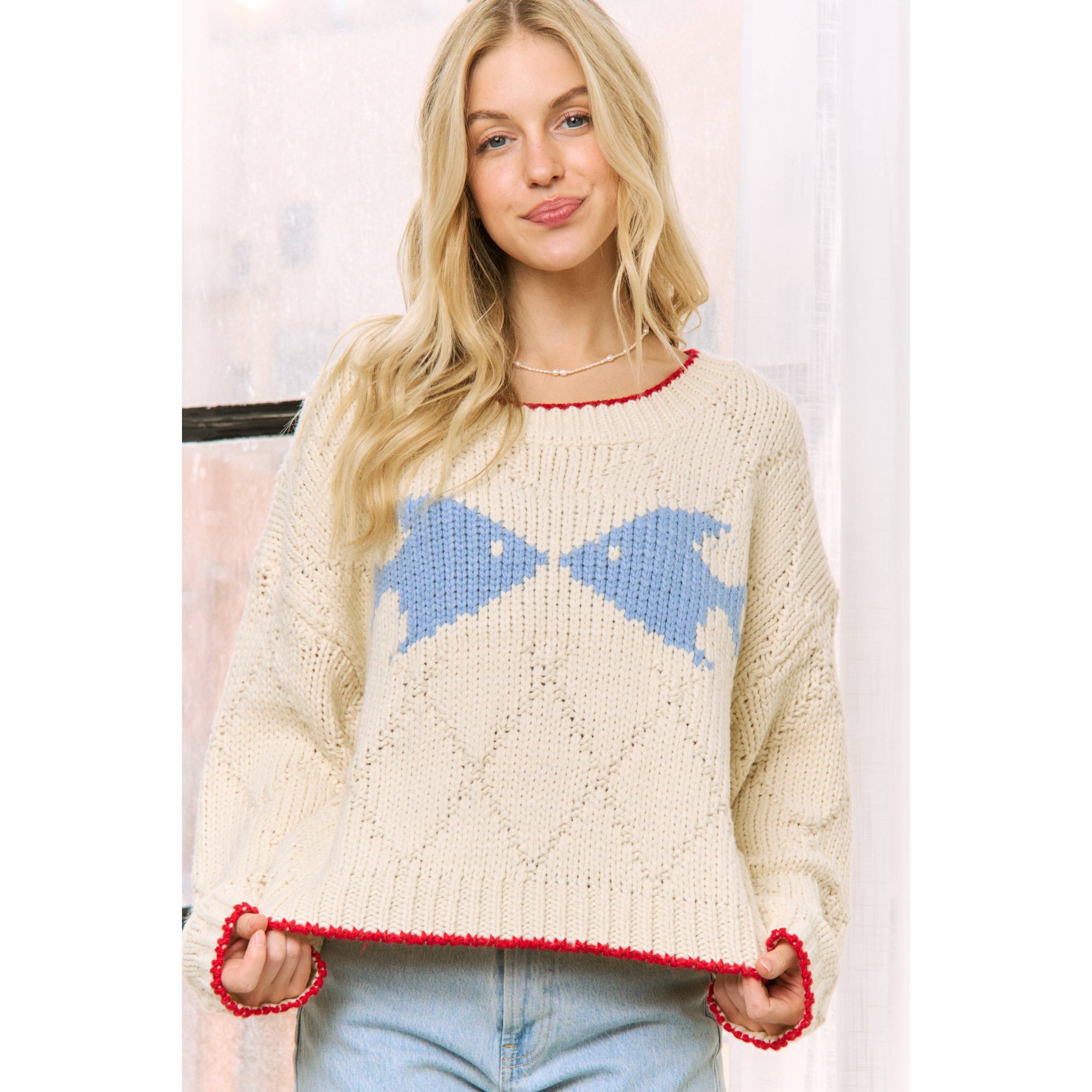 Sweet Generis – Großhandel Strickpullover – Damen – Strickpullover mit Fisch-Jacquard und speziellen Nähten12