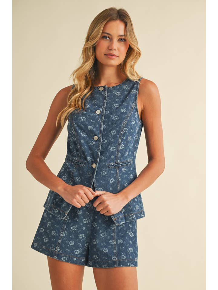 Klesis - Wholesale Top & Short Set (NOT Loungewear) - Women's - IST5874-C FLORAL PRINT BUTTON DOWN DENIM VEST AND SHORTS SET13