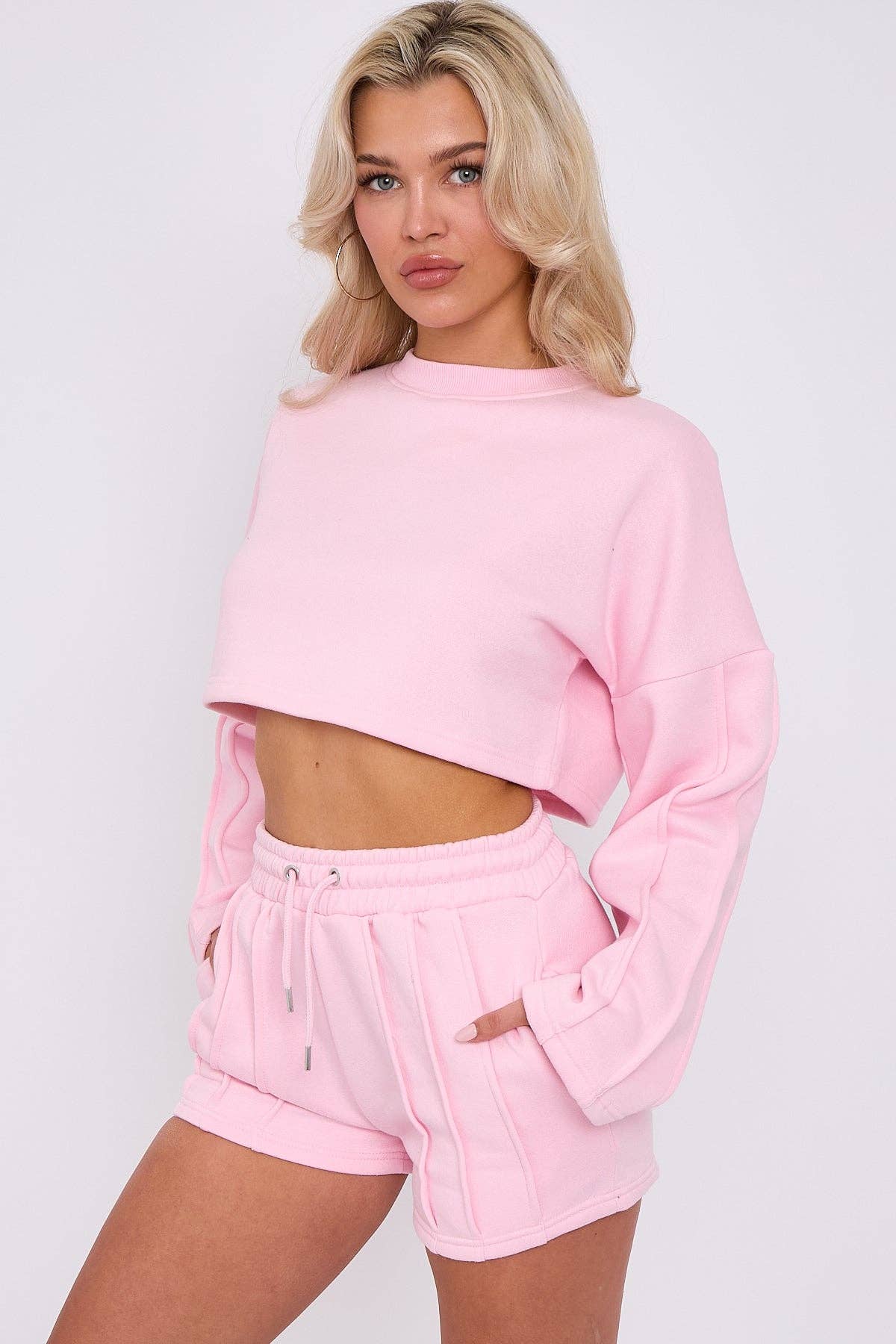 AX Labels - Wholesale Lounge Set - Women's - Seam Detail Oversized Crop Top & Shorts Fleece Co-ord6