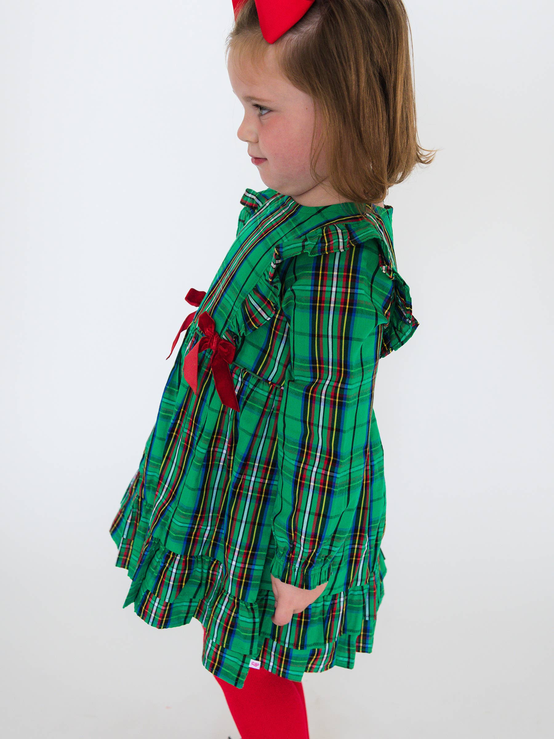 Girls Green Nicholas Plaid Woven Long Sleeve Waterfall Bow Dress for wholesale on Faire2